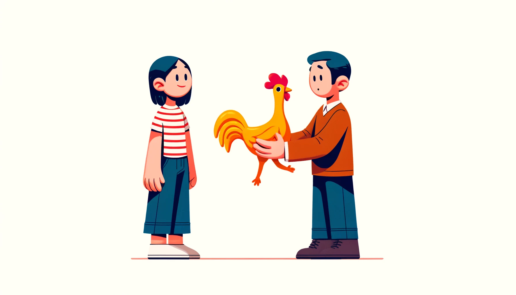 a dad handing a rubber chicken to his daughter