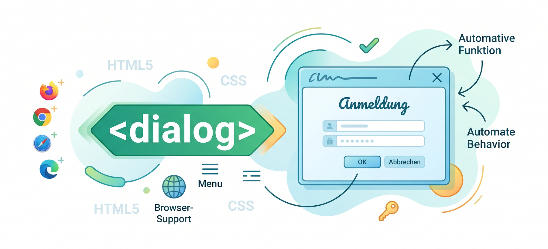 Illustration des HTML-Elements dialog mit Browser-Support-Icons und einem beispielhaften Anmelde-Dialogfenster